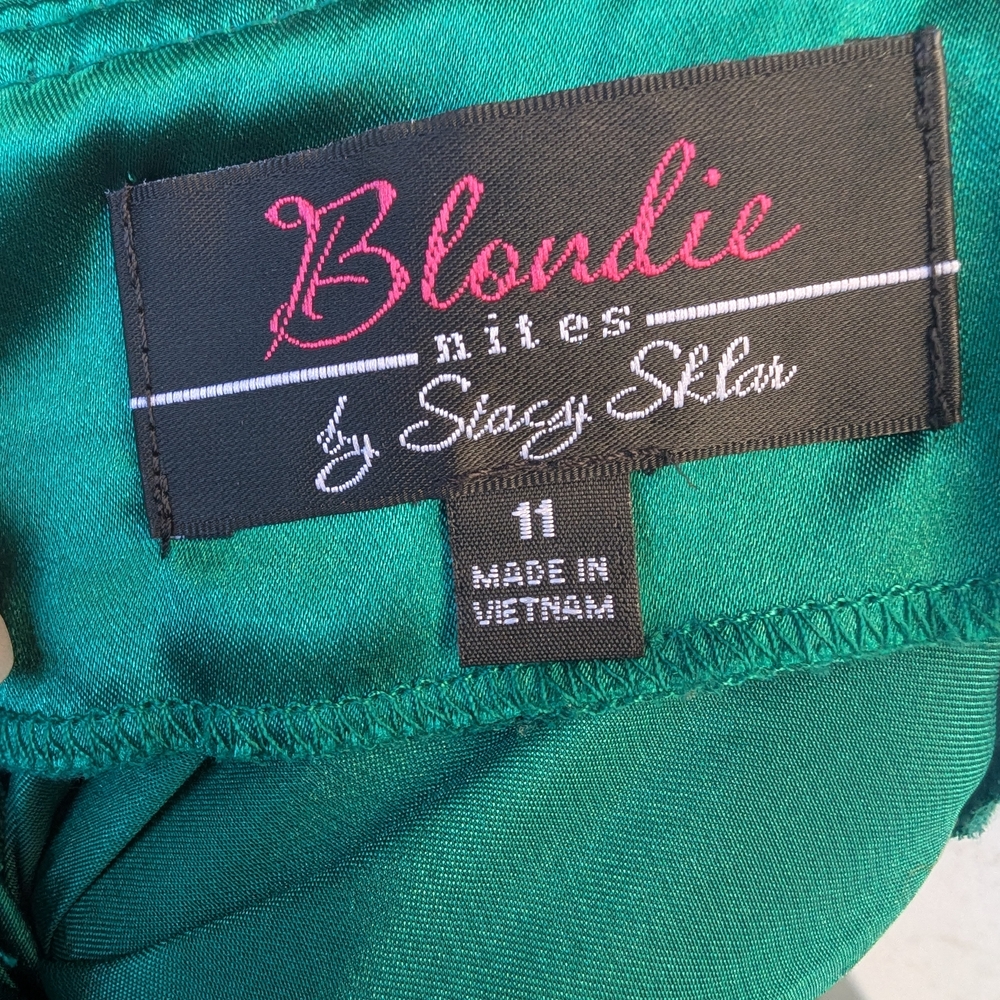 Y2K Vtg Blondie Nites by Stacy Sklar emerald green satin halter neck dress 11 - Picture 7 of 7